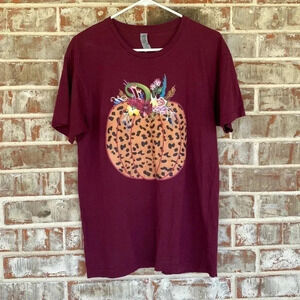 - Cottage Heritage Maroon Fall Floral Leopard Print Pumpkin Thanksgiving T…